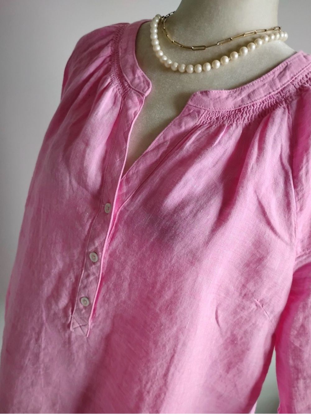 Talbots Bright Pink Linen Henley Peasant Blouse - Like New - Picture 6 of 13